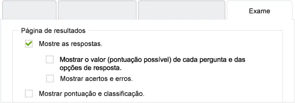 Captura de tela para a configuração da exibição dos resultados na página de conclusão do exame.