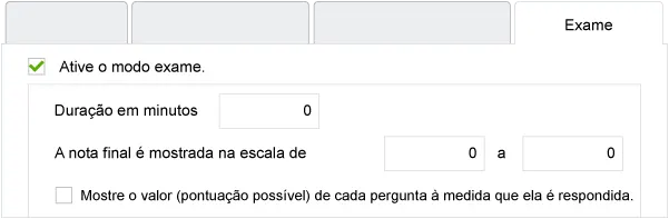 Captura de tela da ativação do modo de exame, duração e escala de notas.