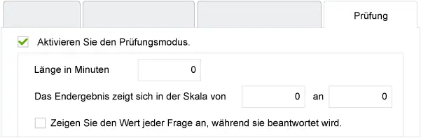 Screenshot der Aktivierung des Prüfungsmodus, der Dauer und der Notenskala.